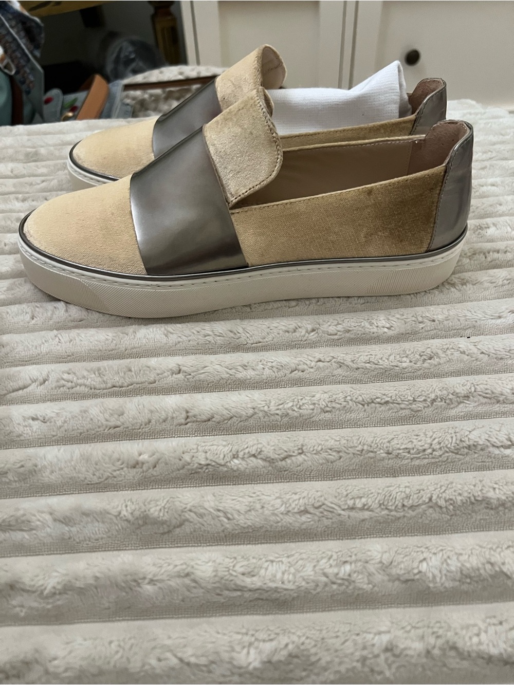 Stuart Weitzman Beige Suede & Metallic Slip-On Sneakers